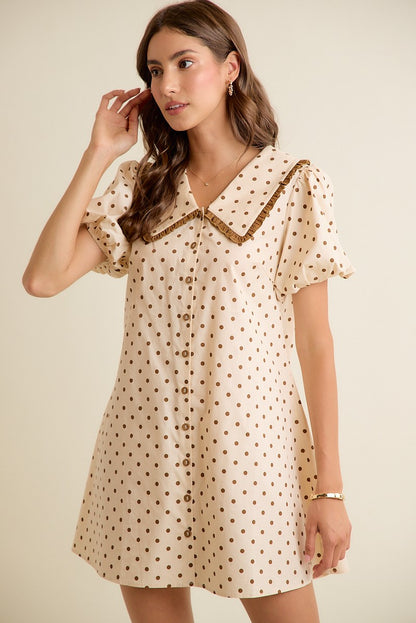Polka Dot Peter Pan Ruffled Collar Puff Sleeves