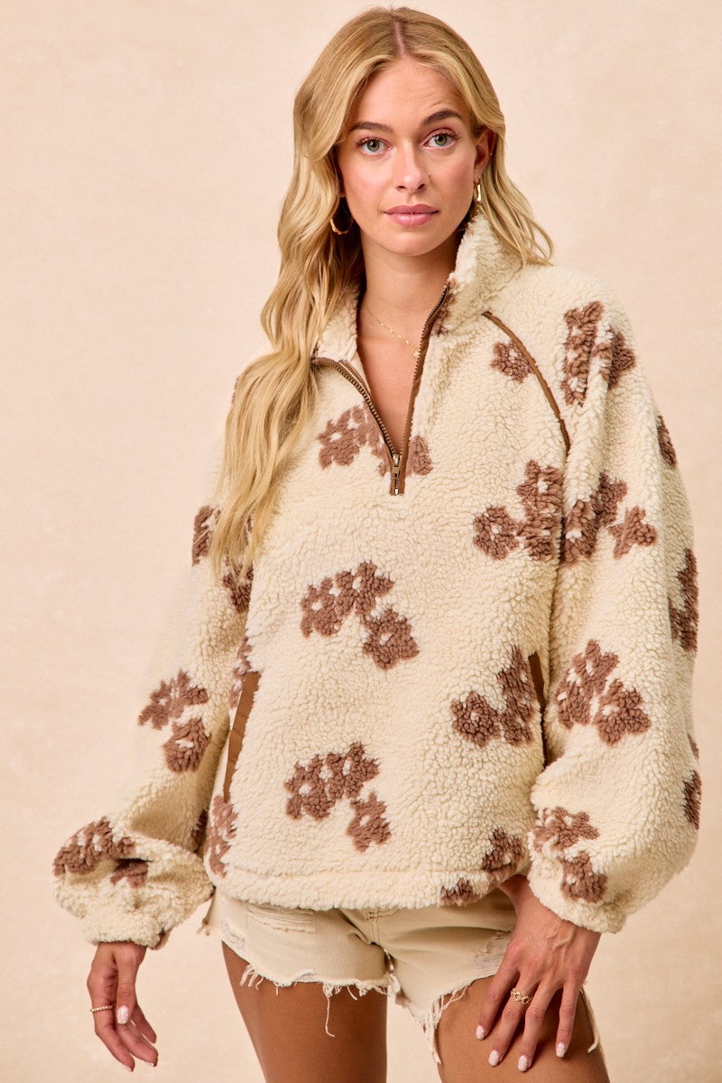 Flower Printed Sherapa Front Zip Up Top