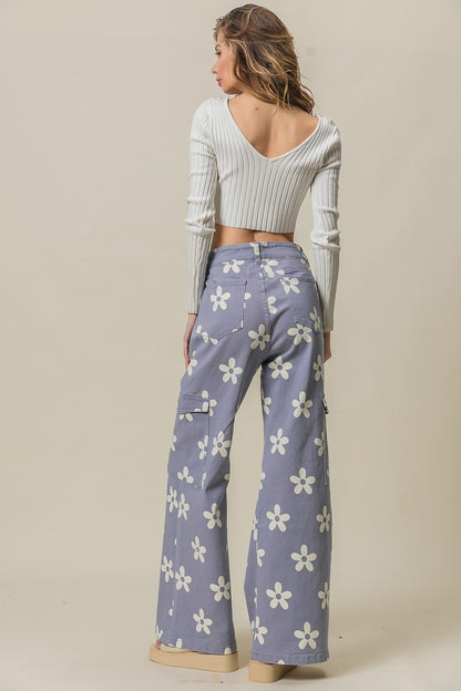 FLOWER PRINTED SIDE POCKET WIDE PANTS