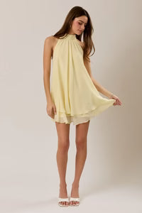 Halter Neck Ruffle Hem Mini Dress Butter Yellow