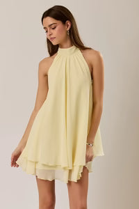 Halter Neck Ruffle Hem Mini Dress Butter Yellow