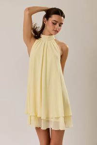 Halter Neck Ruffle Hem Mini Dress Butter Yellow