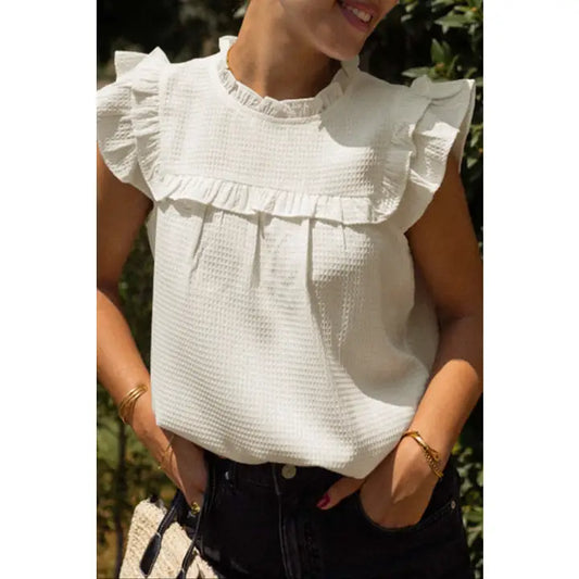 Solid Ruffle Waffle Knit Blouse