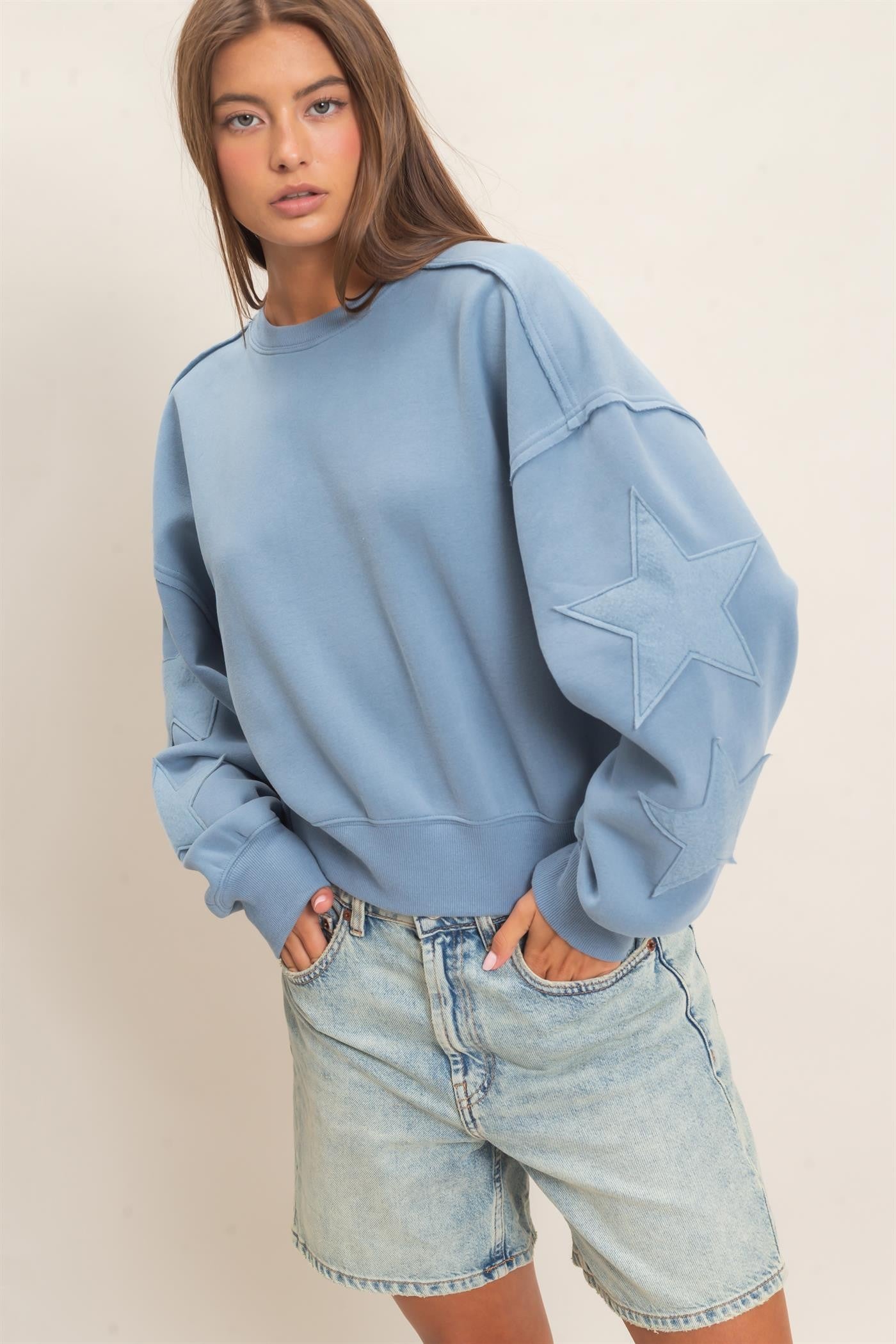 Star Patch Sleeve Sweatshirt Dusty Blue