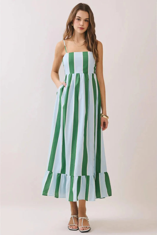 Striped Back Smocked Detail Side Pocket Maxi Dress