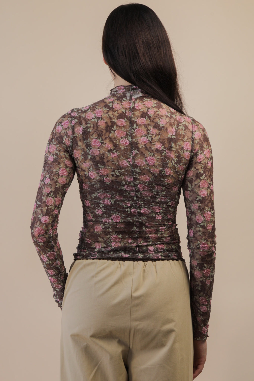 Fitted Sheer Mesh Lace Top Chocolate Floral