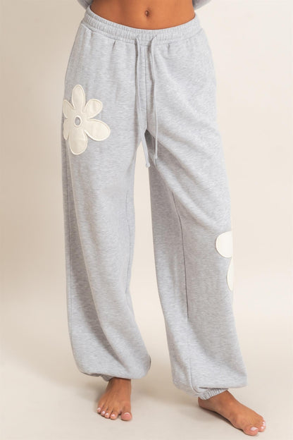 Floral Applique Drawstring Jogger Pants-Heather Gray