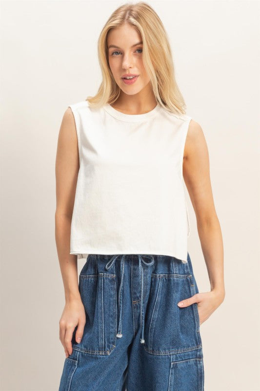 Sleeveless Raw Edge Top in White