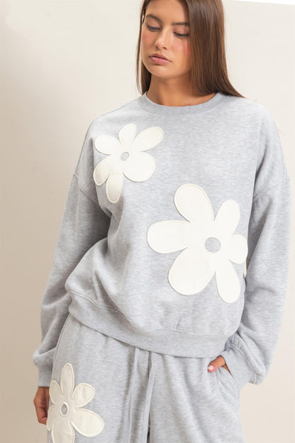 Floral Applique Crew Neck Sweatshirt-Heather Gray