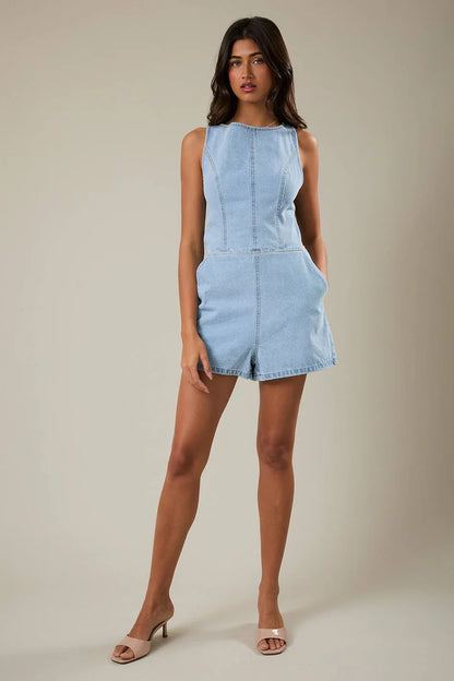 Boat Neck Tie Back Denim Romper