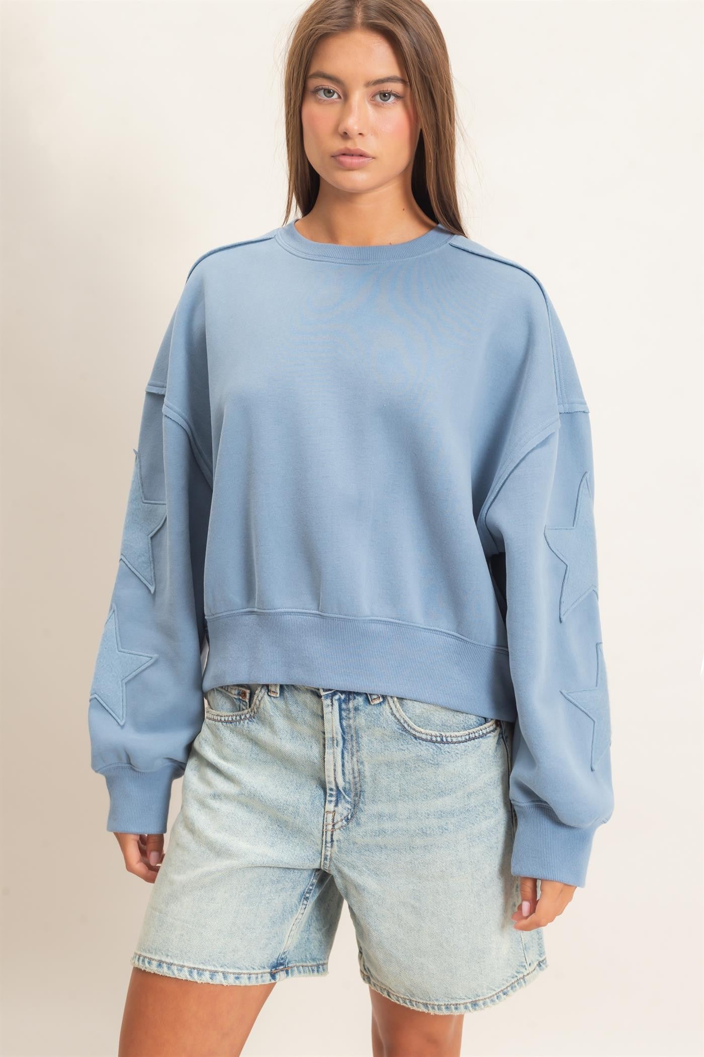 Star Patch Sleeve Sweatshirt Dusty Blue
