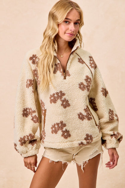 Flower Printed Sherapa Front Zip Up Top