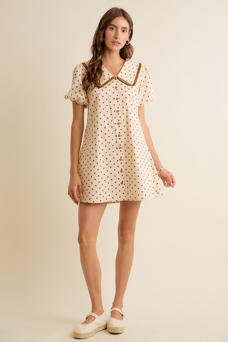 Polka Dot Peter Pan Ruffled Collar Puff Sleeves