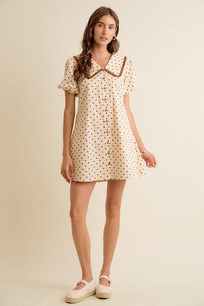 Polka Dot Peter Pan Ruffled Collar Puff Sleeves