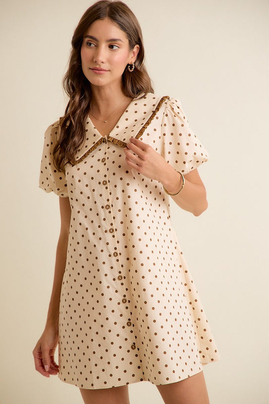 Polka Dot Peter Pan Ruffled Collar Puff Sleeves