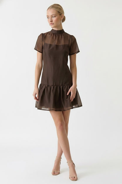 Soft Organza Mock Neck Mini Dress With Removable Slip Dress-Mocha