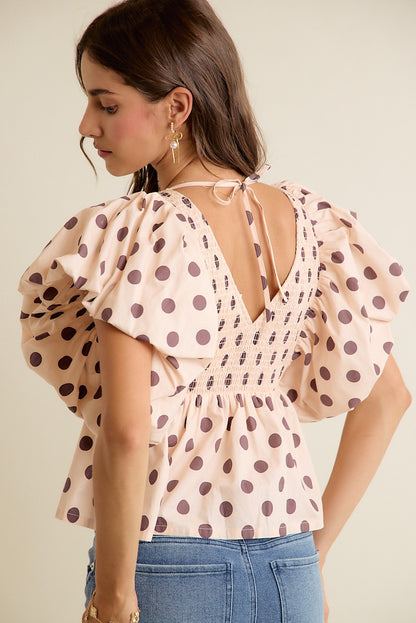 Polka Dot Bubble Sleeves Back Smocked Lined Blouse