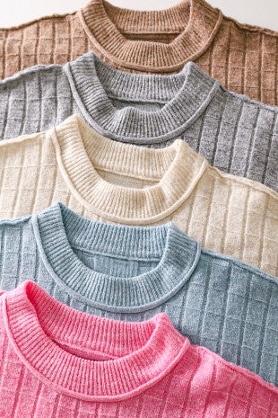 Cropped Length Ribbed Knit Sweater-Blue
