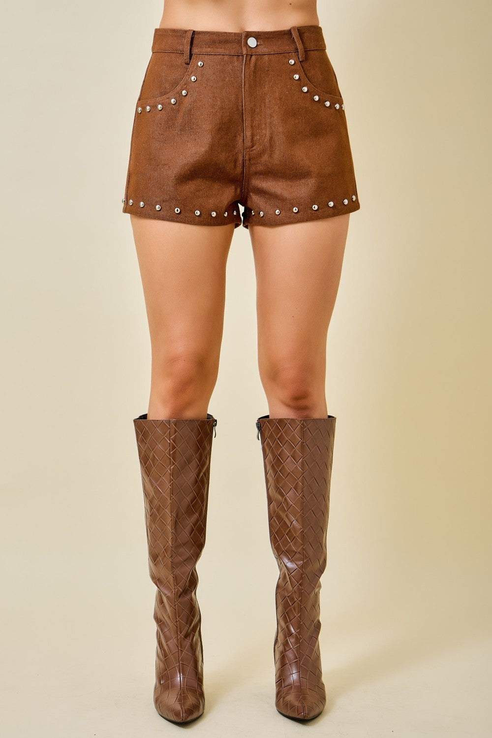 High Waisted Denim Shorts With Metal Stud Detail