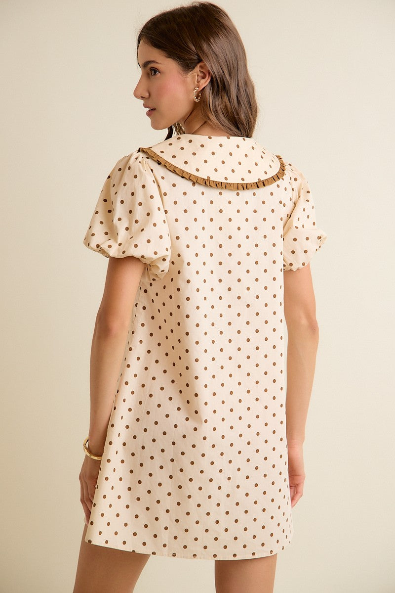 Polka Dot Peter Pan Ruffled Collar Puff Sleeves