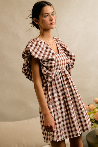 Gingham Bubble Sleeves Back Smocked Dress