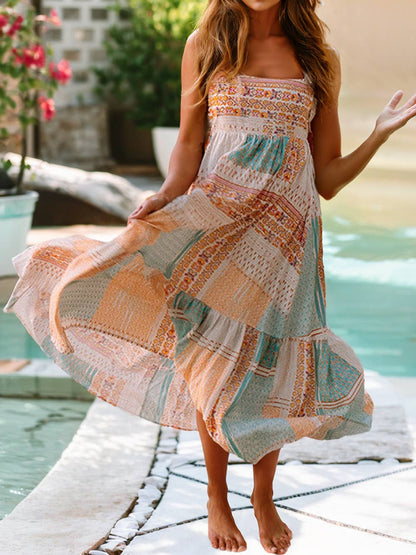 Boho Patchwork Print Square Neck Sundress