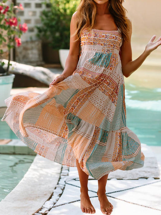 Boho Patchwork Print Square Neck Sundress
