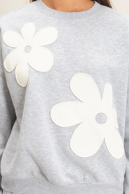 Floral Applique Crew Neck Sweatshirt-Heather Gray