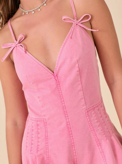 Pink Bow Denim Romper