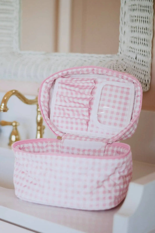 Pink Plaid Quilted Makeup Bag