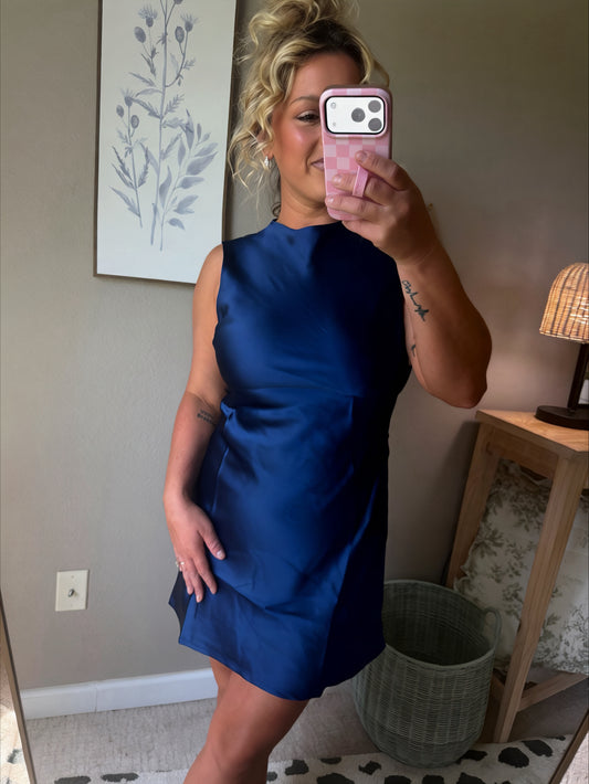 Mock Neck Tie Back Satin A-line Mini Dress